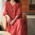 Three-quarter Sleeve Artistic Style Lace-up Dress Long V-neck Comely