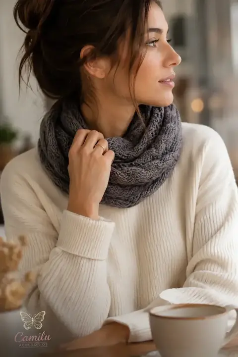 Cuello Bufanda Lana Tejido Reversible Invierno Unisex Color Gris
