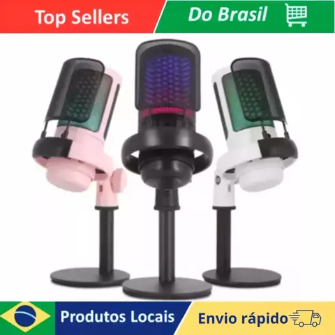 Microfone Gamer Condensador Preto Led RGB USB Plug and Play para Jogos Streaming