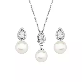 Conjunto Gota Com Pérola Cravejado Com Micro Zircônias | Banhado Em Ródio Branco - comprar online