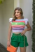 Cropped Feminino Moda Tricot Top Listrado Manguinha Babados