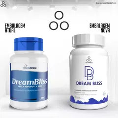 Comparação entre a embalagem atual e a nova embalagem do suplemento alimentar Dream Bliss Ozonizado, com rótulo azul e branco e destaque para melatonina e Q10