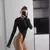 Body de manga comprida feminino, Collant sexy, Bodycon, Zíper, Decote V, Magro,