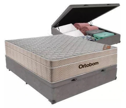 box Baú Casal Linho + Colchão Mola Ensacada Airtech 138X188