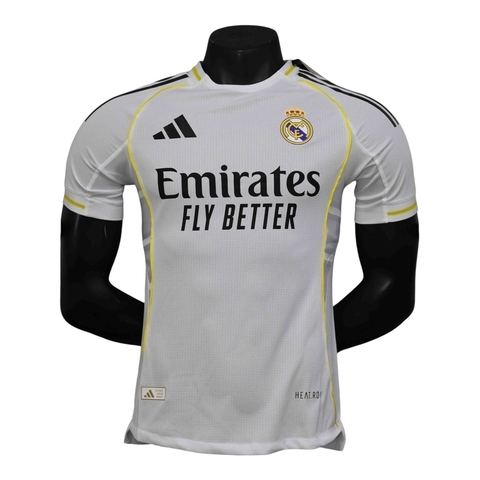 Camisa Real Madrid I 25/26 - Jogador Adidas Masculina - Branca com detalhes em amarelo