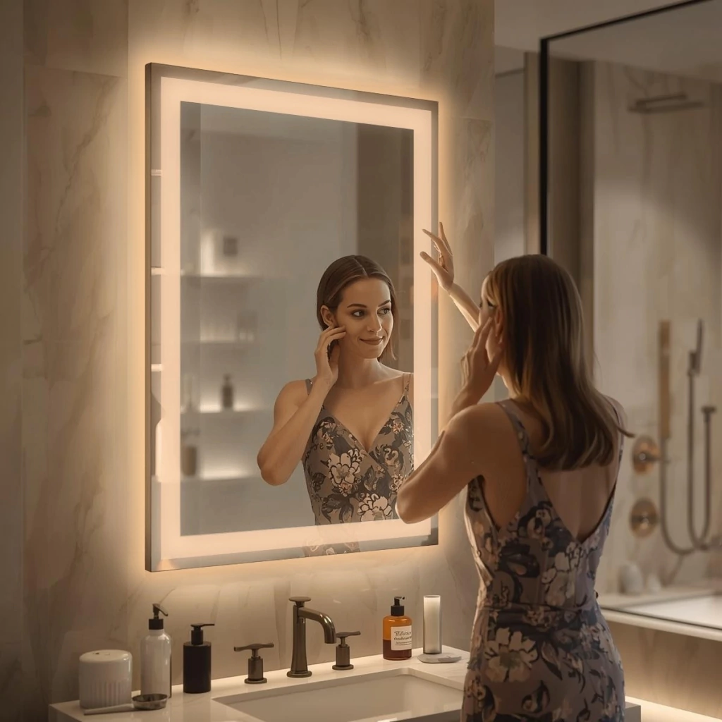 Espelho Retangular Vertici Smart LED Touch Cristal Para Banheiro e Sala Luz Branco Quente Ajustável Bivolt