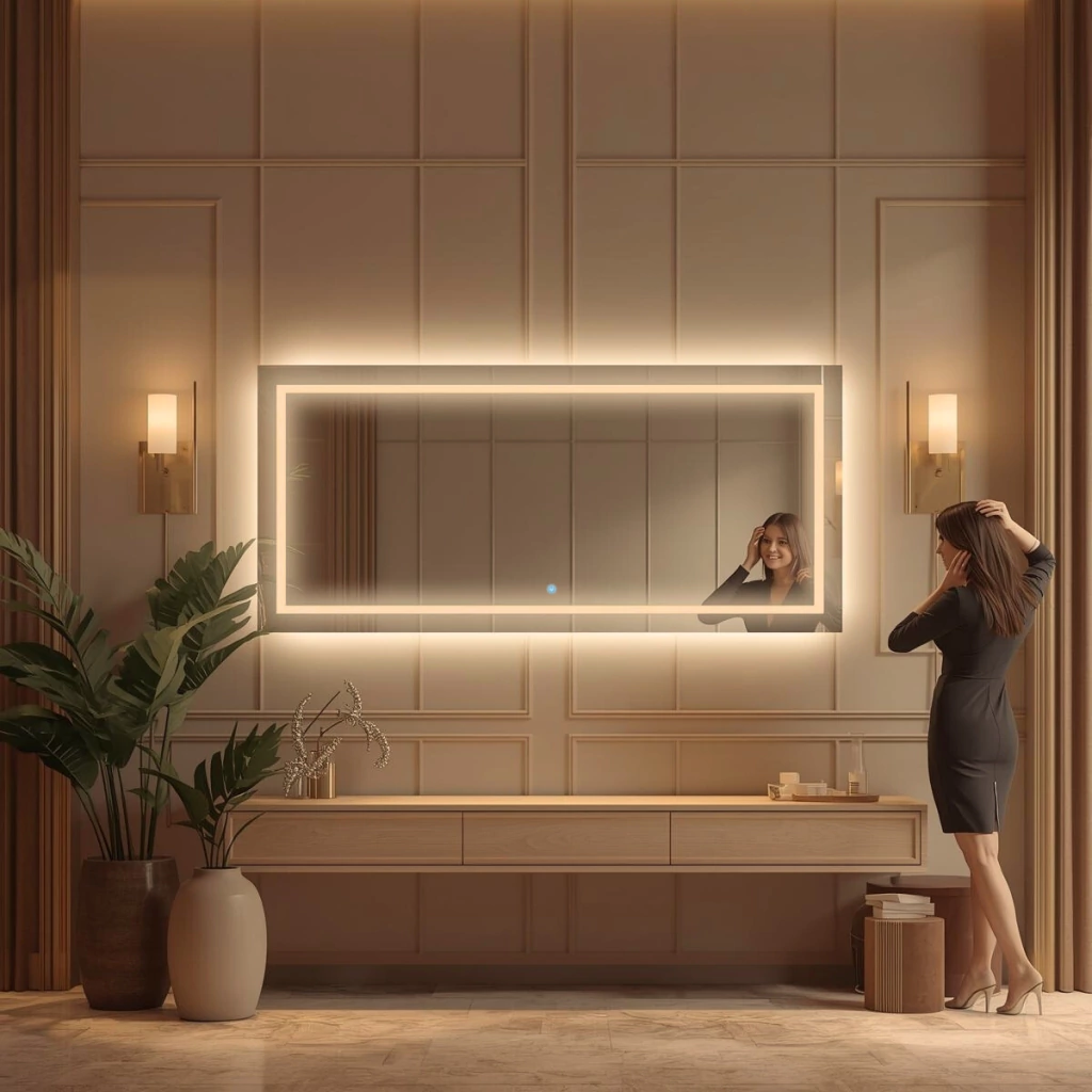 Espelho Retangular Horizonte Smart LED Touch Cristal Para Banheiro e Sala Luz Branco Quente Ajustável Bivolt