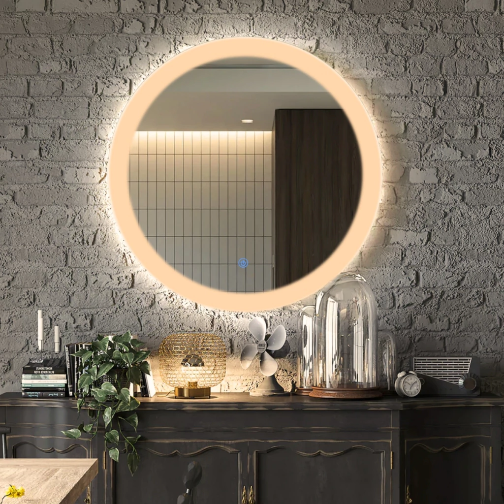 Espelho Redondo Praga Smart LED Touch Cristal Para Banheiro e Sala Luz Branco Quente Ajustável Bivolt