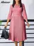 Mlaiscsr elegante rosa a linha vestidos femininos com decote em v 3/4 manga plis - comprar online