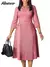 Mlaiscsr elegante rosa a linha vestidos femininos com decote em v 3/4 manga plis - comprar online