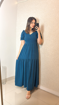 Vestido Fábia Longo Azul Petróleo com Elegância - Essência Feminina Moda Evangélica