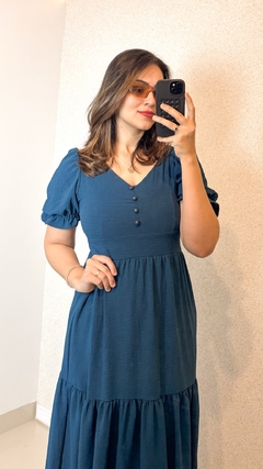 Vestido Fábia Longo Azul Petróleo com Elegância na internet