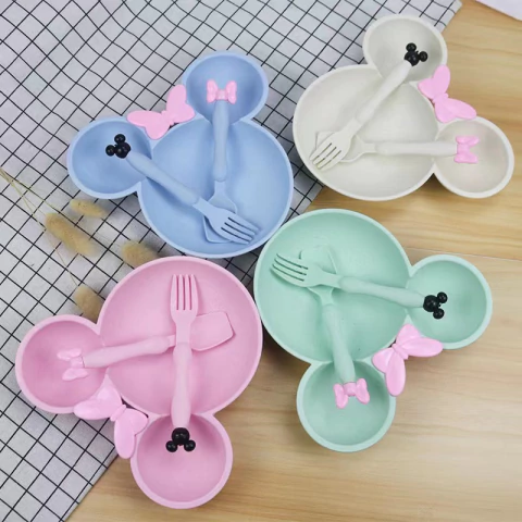 Plato Vajilla Bebe Set 3 Piezas Paja De Trigo Dibujo Animado
