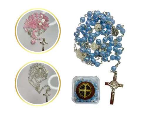 (T.555) Terço São Bento Pérola Brilhante Prateado Caixinha Quadrada - comprar online