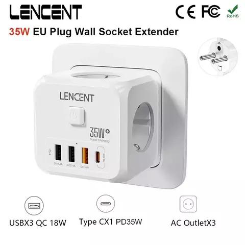Carregador Adaptador Universal LENCENT com 3 Tomadas + 4 Portas USB Rápidas