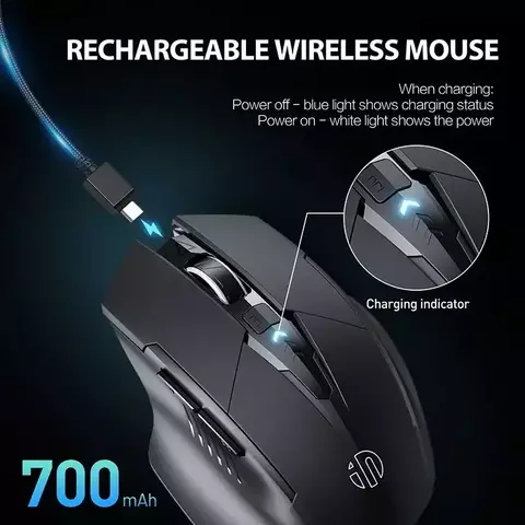Mouse Sem Fio Inphic F1 2.4G – Ergonômico Recarregável 500mAh com Display de Energia e Cliques Silenciosos