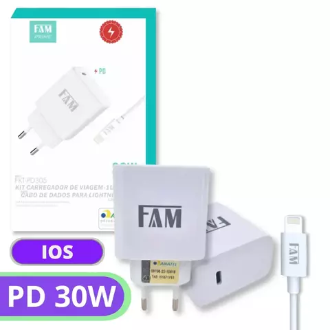 Carregador Rápido FAM Prime 30W PD com Cabo Lightning – FKT-PD305 - comprar online