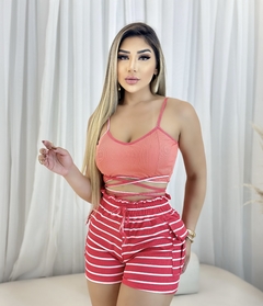 Conjunto Feminino Top com Alça e Short Ajustável Listrado Pink - comprar online