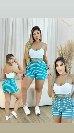 Conjunto Feminino Top com Alça e Short Ajustável Listrado Azul Claro - loja online