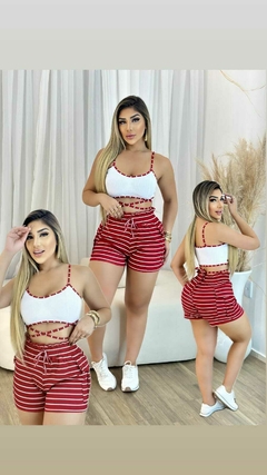 Conjunto Feminino Top com Alça e Short Ajustável Listrado Vermelho - Da Luz Moda