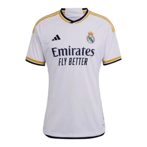 Camisa Real Madrid I 23/24 -Torcedor Adidas Feminina - Branca com detalhes em amarelo e azul