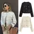 Jaqueta Cropped de Tweed Feminina, Casaco com Botões e Manga Longa