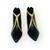 Bota feminina de couro preto com detalhe dourado, salto fino de 4cm e cano curto.