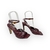Sandália feminina de salto fino 10cm em couro na cor mahogany, modelo Carrano com detalhe de nó frontal e tira com fivela dourada