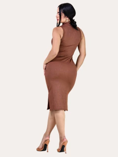 Vestido Midi Regata Gola Alta Com Fenda Lateral Canelado Feminino