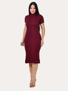 Vestido Midi Gola Alta Com Fenda Lateral Manga Curta Canelado - ZIZZI MODA