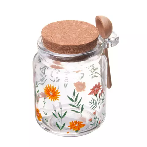 PORTA MANTIMENTO REDONDO DE VIDRO COM TAMPA E COLHER DE BAMBU FLORA 240ML