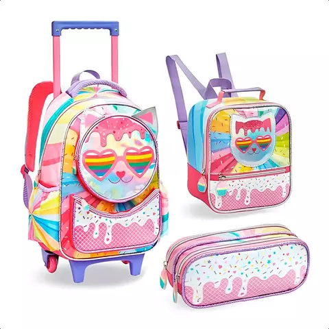 Kit Mochila de Rodinhas Meninas Escolar Lancheira Estojo