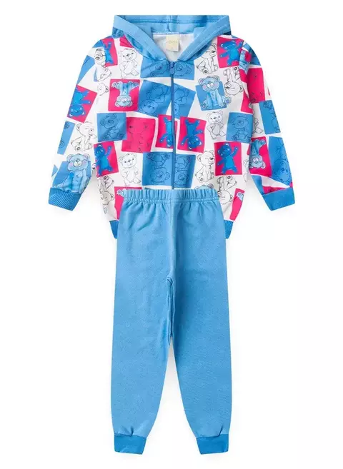 Conjunto Inverno Menina Azul Jaqueta Com Capuz e Calça em Moletom Ursinho 1