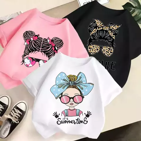 Camiseta infantil de manga curta, blusa com gola redonda para meninas, roupas di