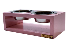 Comedouro Duplo De Madeira Com Potes Inox Para Gatos E Cachorros Rosa - comprar online