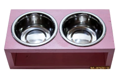 Comedouro Duplo De Madeira Com Potes Inox Para Gatos E Cachorros Rosa