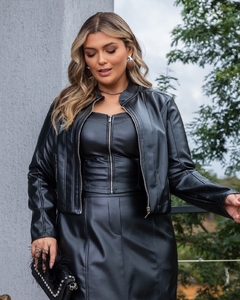 Conjunto Saia Midi e Cropped em Couro PU - Sanches Moda Plus Size