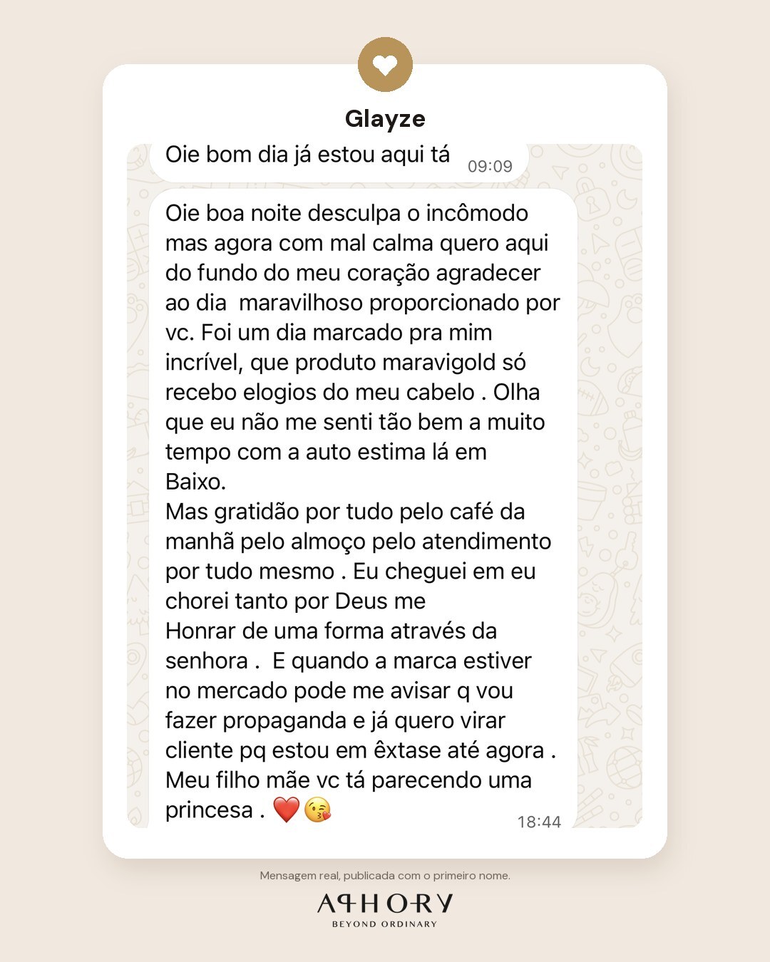 Mensagem de Glayze agradecendo o dia com a Aphory