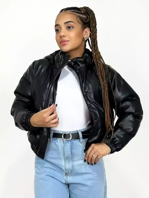 Jaqueta Feminina Puffer em Courino com Capuz Removível Rayca Ref. 1491