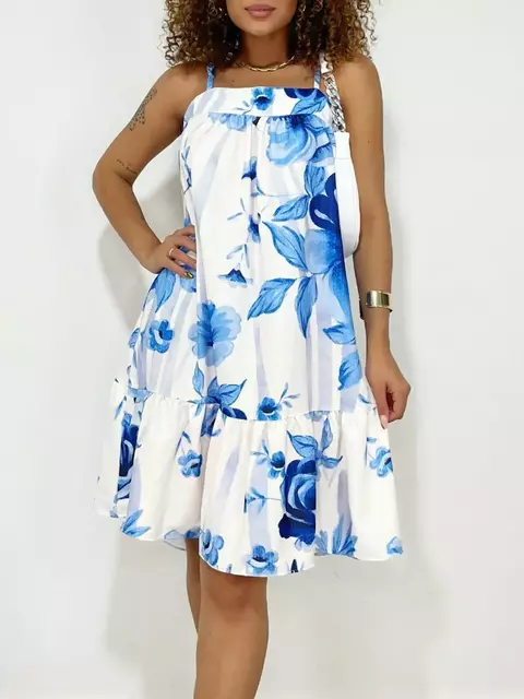 Vestido Feminino Curto Crepinho de Alça com Babado Kenia Ref. 1407