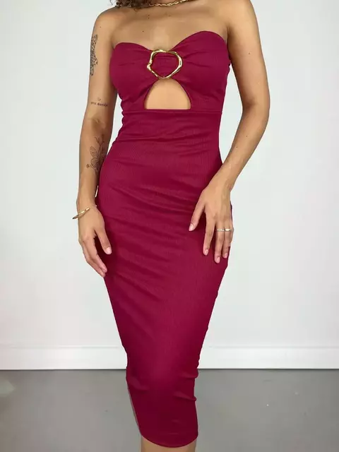 Vestido Feminino Midi em Ribana Sem Alça com Recorte e Fivela Barbara Ref. 1382 Tamanho:Único;Cor:Verde menta