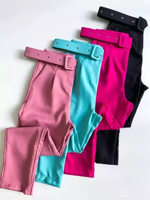 Calça Feminina Alfaiataria Skinny com Cinto Larissa Ref. 1277 Tamanho:GG;Cor:Azul claro