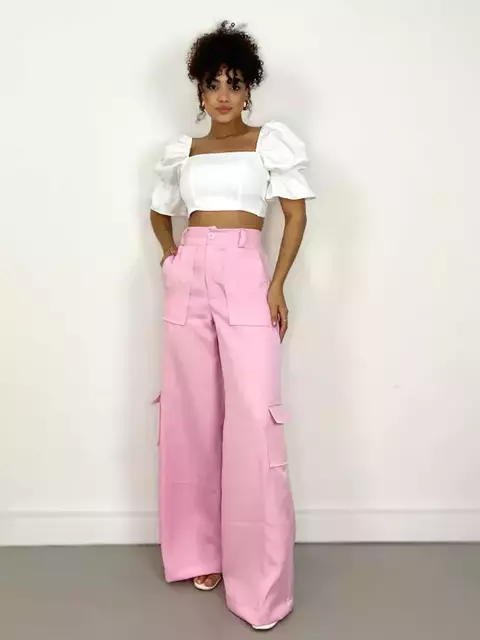 Calça Feminina Alfaiataria Pantalona Cargo Iris Ref. 1278 Tamanho:G;Cor:Amarelo