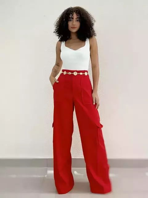 Calça Feminina Alfaiataria Pantalona Cargo Iris Ref. 1278 Tamanho:P;Cor:Laranja