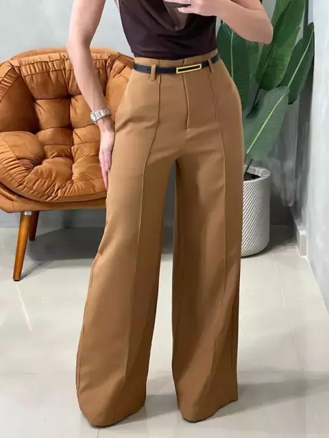 Calça Feminina Pantalona em Alfaiataria com Cinto Natasha Ref. 1013 Tamanho:P;Cor:Marrom escuro