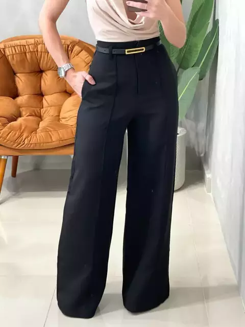 Calça Feminina Pantalona em Alfaiataria com Cinto Natasha Ref. 1013 Tamanho:M;Cor:Preto