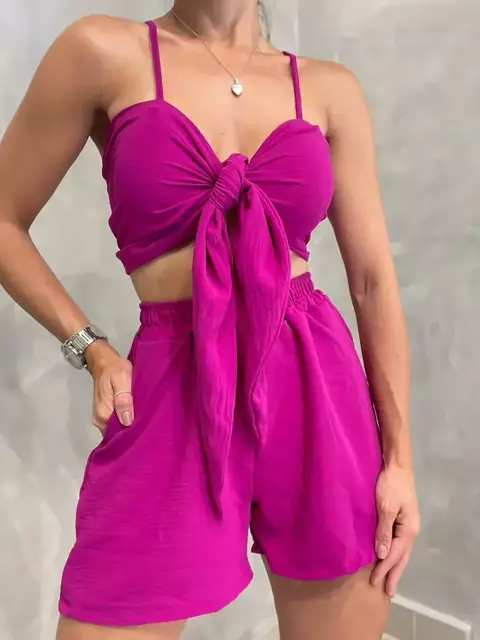 Conjunto Feminino Duna Short e Cropped de Alça e Amarração Ariane Ref. 1270 Tamanho:Único;Cor:Fúcsia