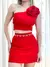 Conjunto Feminino em Alfaiataria Short Saia e Cropped Alça Única com Flor Viviane Ref. 1320 Tamanho:G;Cor:Vermelho - VIVER BELLA