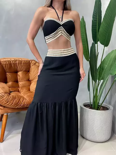 Conjunto Feminino em Viscolinho Saia Longa e Cropped Amarração Flavia Ref. 1294 Tamanho:Único;Cor:Bege