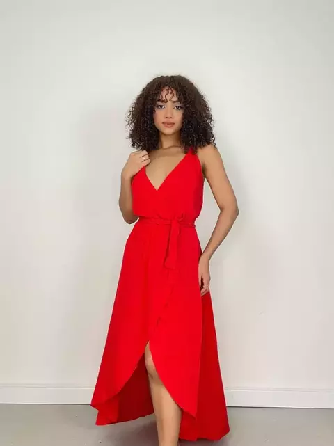 Vestido Feminino Longo em Viscolinho de Alça Transpassado Meire Ref. 1299 Tamanho:Único;Cor:Vermelho